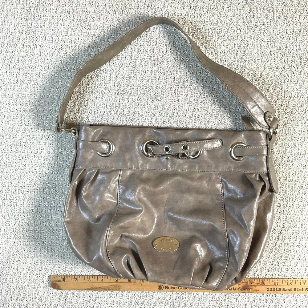 Nine West Taupe Faux Leather Hobo Shoulder‎ Bag Silver Grommet Detail Medium